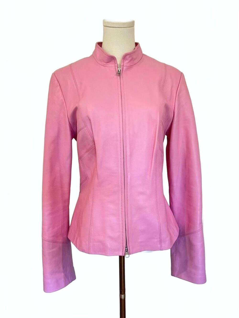 Danier Genuine Leather Baby Pink Fitted Zip Jacket Sz M Y2K Clueless‎ Barbie